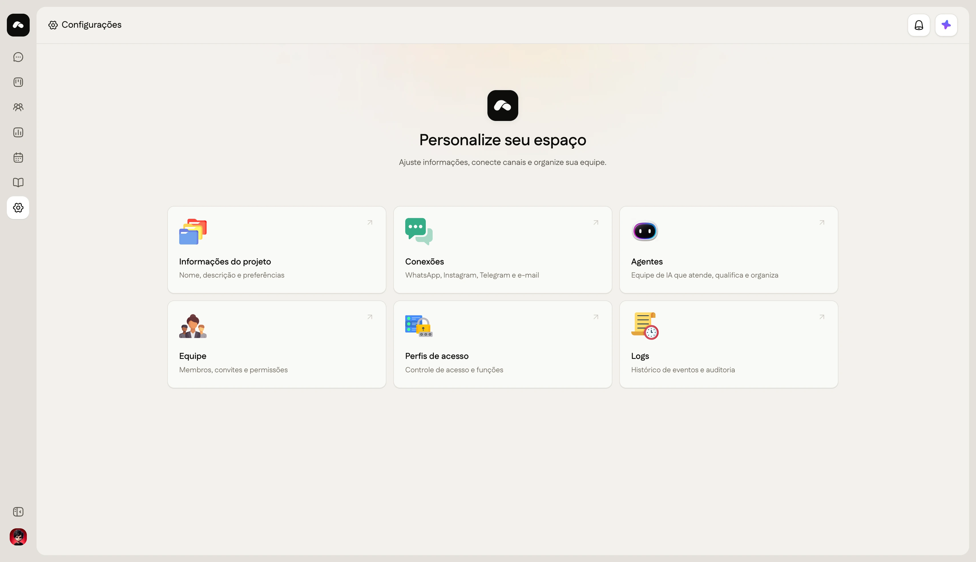 Menu de configurações do projeto