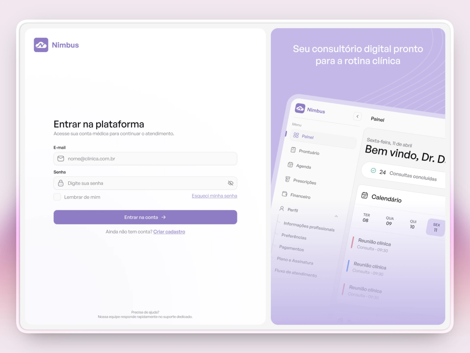 Login e painel do Nimbus